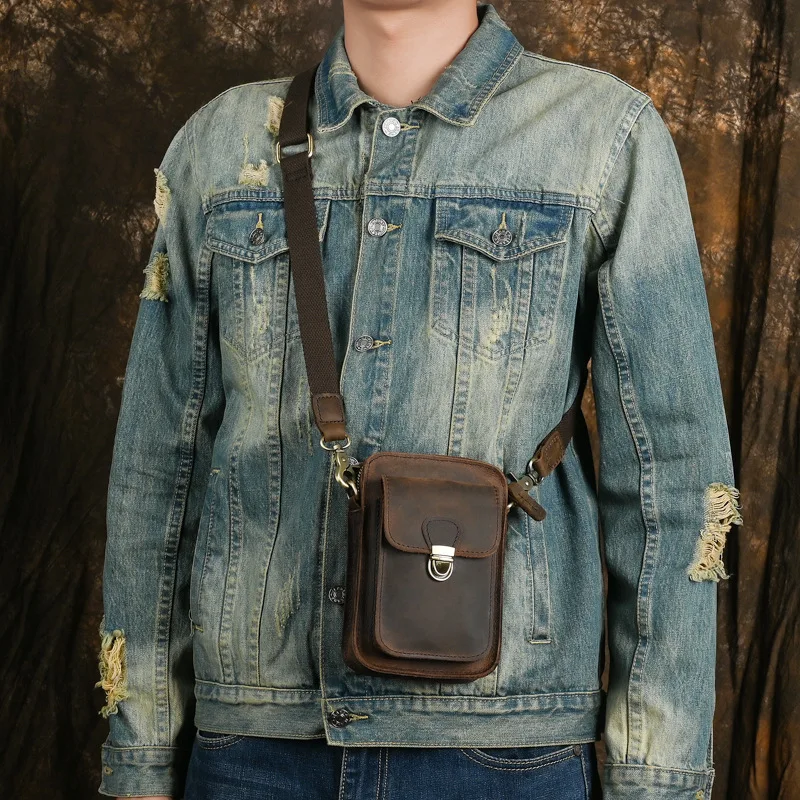 Men's Genuine Leather Crossbody Waist Bag Small Size Single Shoulder Slanting Outdoor Cigarette Storage Bag