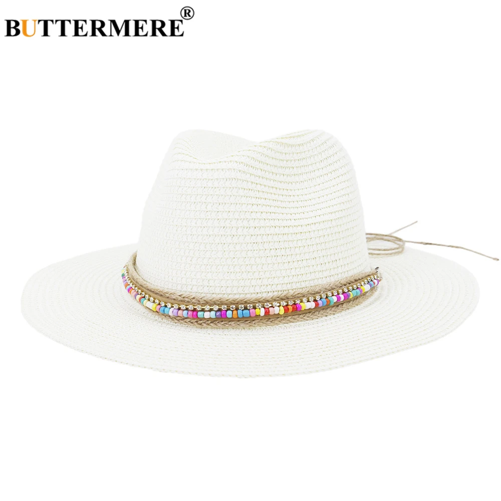 BUTTERMERE White Panama Hat Womens Sun Hat Straw Beach Fedora Summer Hat Wide Brim Sombreros Hats for Women