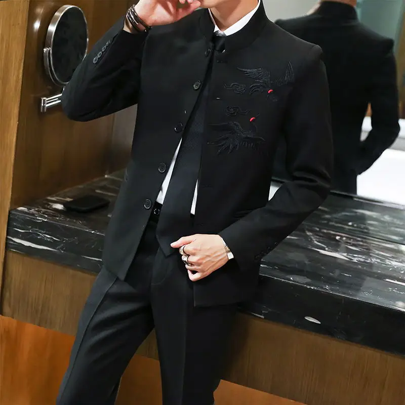 

Casual Slim Fit Men's Korean Sle Faionable Stand Collar Suit Spring Outerwear Tee Piece Set Single Button