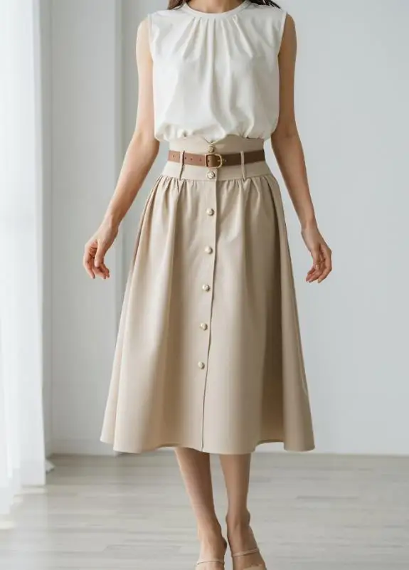 2026 Frühjahr/Sommer Neue Damenmode Lässiger Faltenrock, A-Linie mit großem Boden, Gürtelband, halber Rock Damenbekleidung