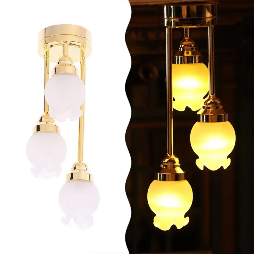 Creative Dollhouse Table Lamp Battery Operated 1/12 Scale Mini Gothic Desk Lamp DIY Plastic Dollhouse Chandelier Model