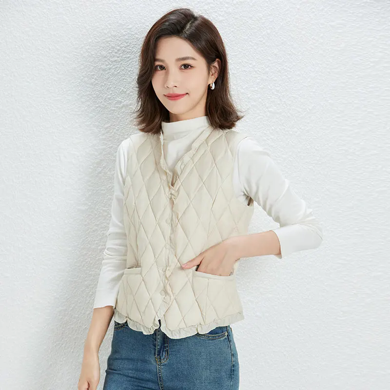 NEW 90% Duck Down Vest Spring Autumn Women Ultra light Thin Down Fashion Ruffle Design Vest Warm Winter Slim Waistcoat