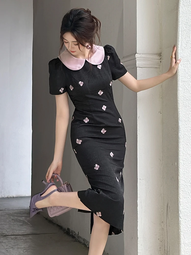 Vêtements pour femmes exquis doux rose papillon broderie Robe formelle élégante dame mince Banquet Robe Midi femme robes de fête