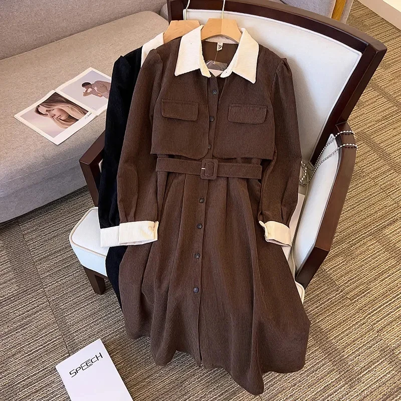 

Fat mm Corduroy Fake Two Contrasting Color Dress 2023 Spring New Loose Hepburn Wind Waist Slimming Skirt Solid Color Commute