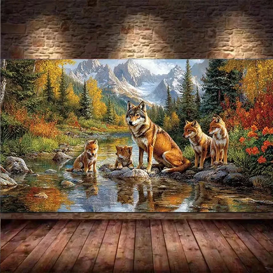 Stream, mountain Forest Landscape Wolf Family Diy Diamond Painting Full 5D Diamond Mosaic Art For Living Room Decor Holiday Gift