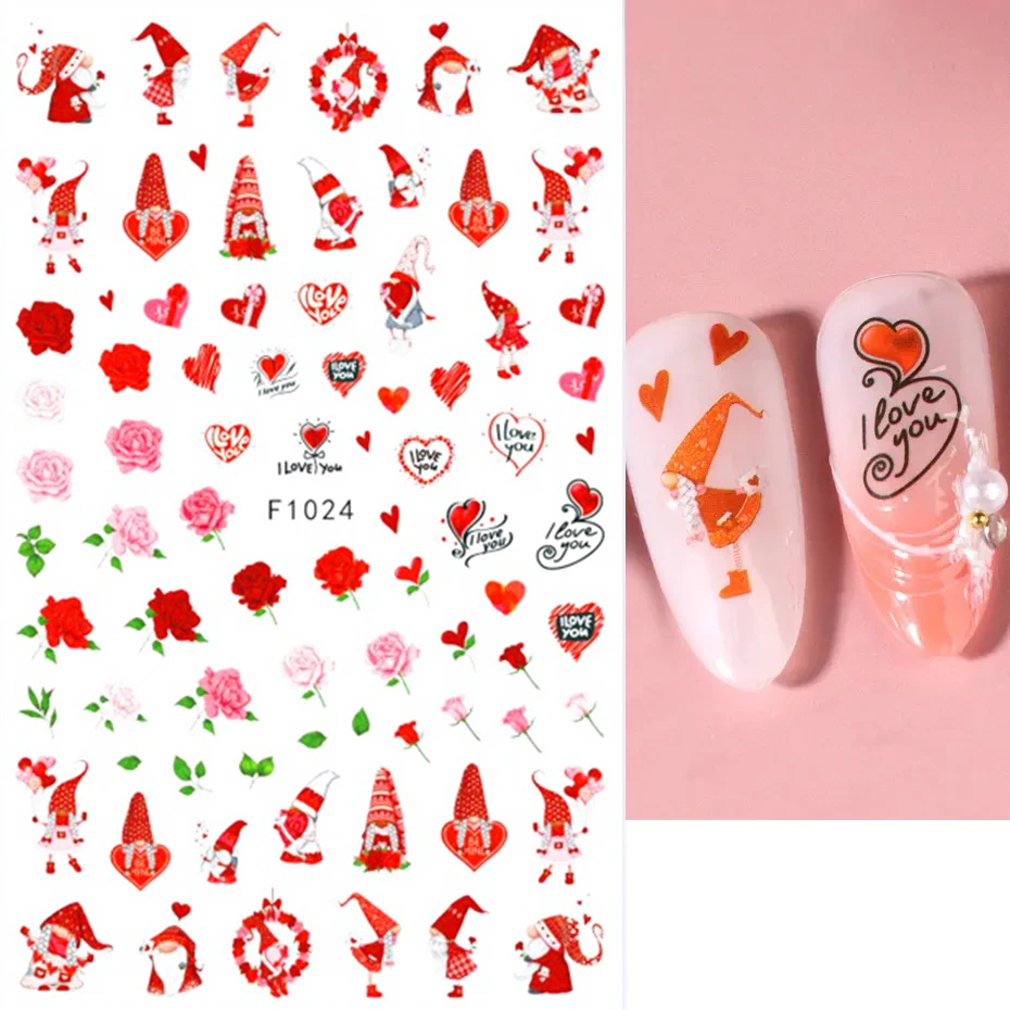 Pegatinas de uñas de San Valentín de dibujos animados 3D, corazón de amor, gato, oso, globo, letras rosas, láminas románticas, esmalte de Gel deslizante, decoración de manicura