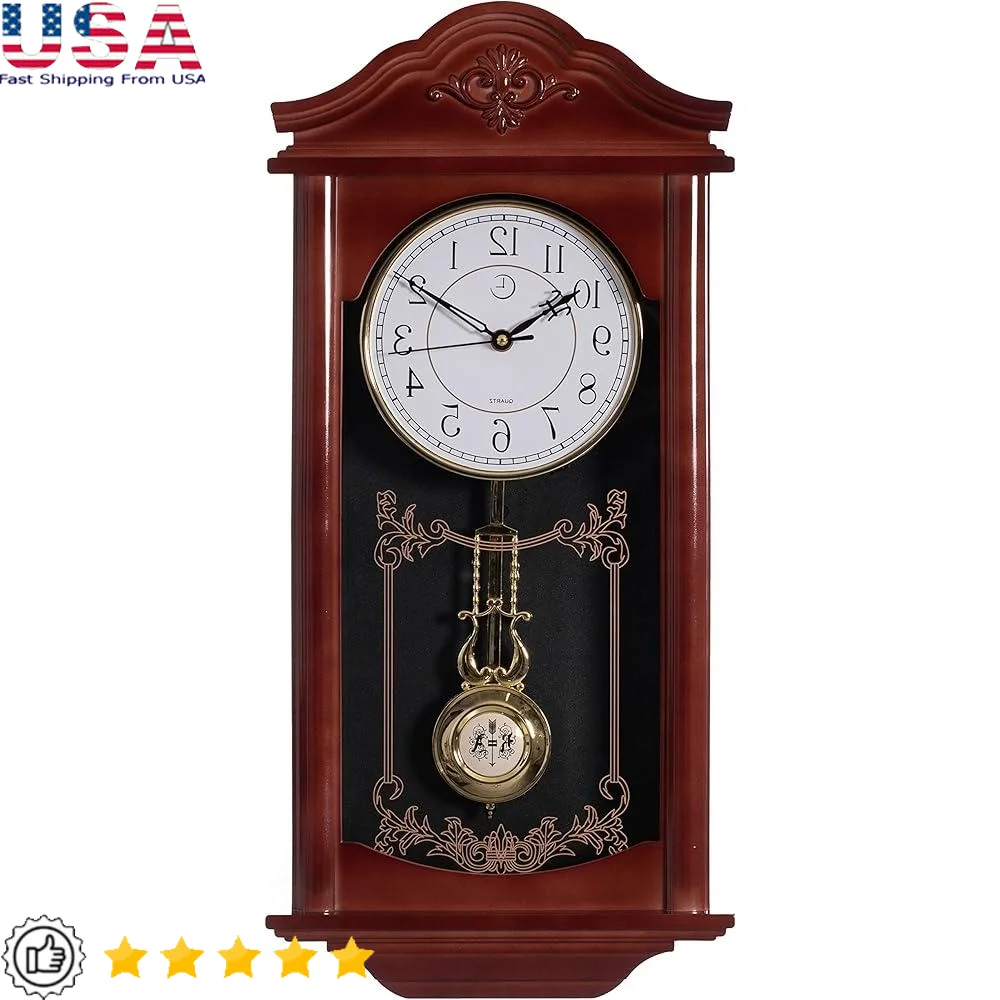 

Vintage Wood-Look Plastic Pendulum Wall Clock Silent Battery Operated Home Decor Non-Ticking Elegant Design Living Room Kitchen