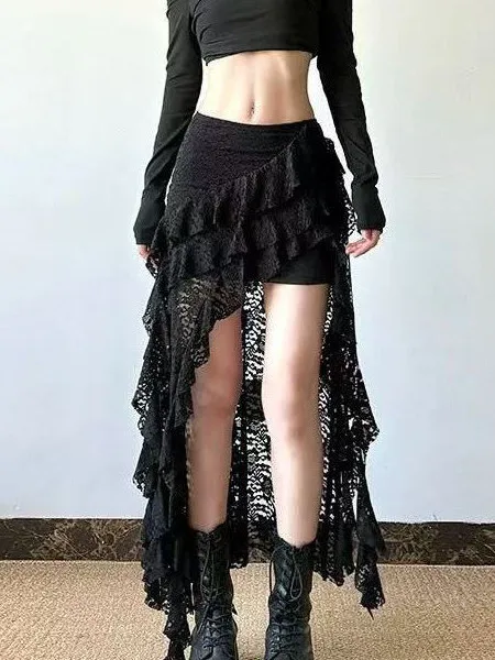 

Юбка А-силуэта с высокой талией, асимметричная, с кружевными вставками, французский стиль, молодежная, повседневная, из высокоэластичного полиэстера