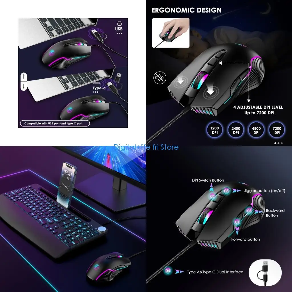 E06D USB C USB A 2 Port Corded Mouse with Backlit Computer Jiggler 7200DPI Adjust