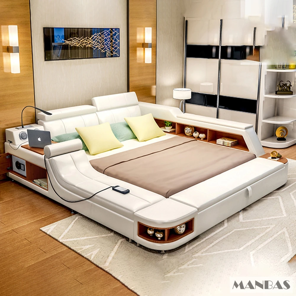 All In One Bed, Luxury Tech Smart Ultimate Bed Frame, Genuine Leather Multifunctional Upholstered Platform Bed with Storage