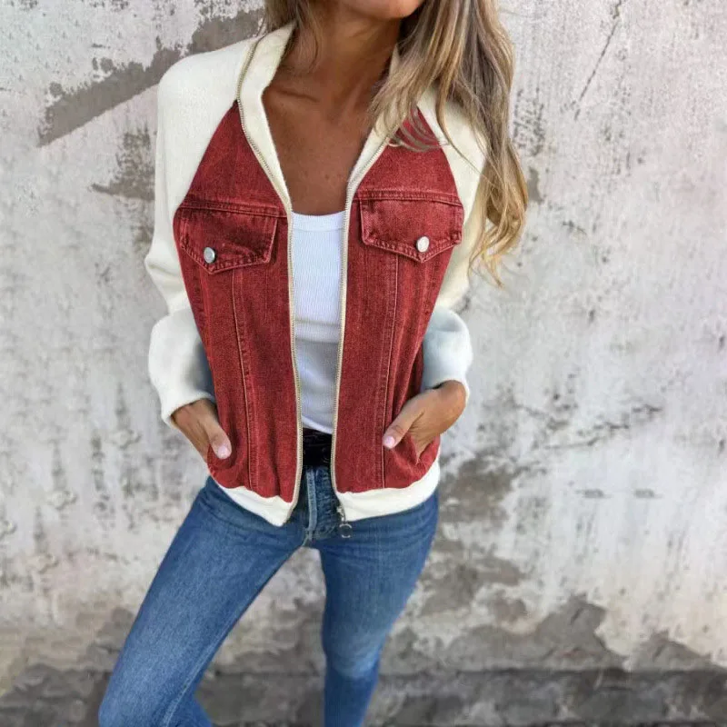 

2024 Autumn Winter Denim Patchwork Loose Jacket Vintage Streetwear Lapel Long Sleeved Coat Women's Casual Zipper Pocket Outfits