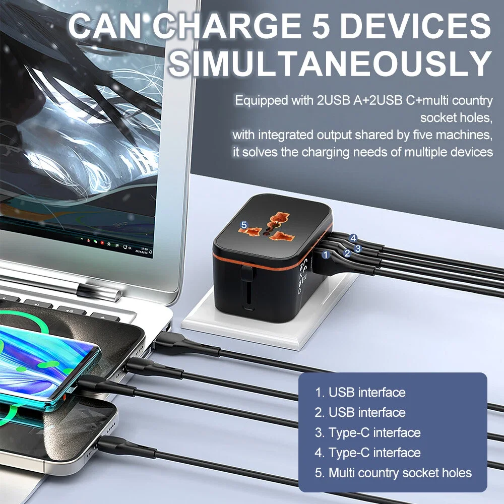 

Универсальный адаптер питания Type-C для путешествий, многопортовый, для деловых поездок и путешествий по всему миру