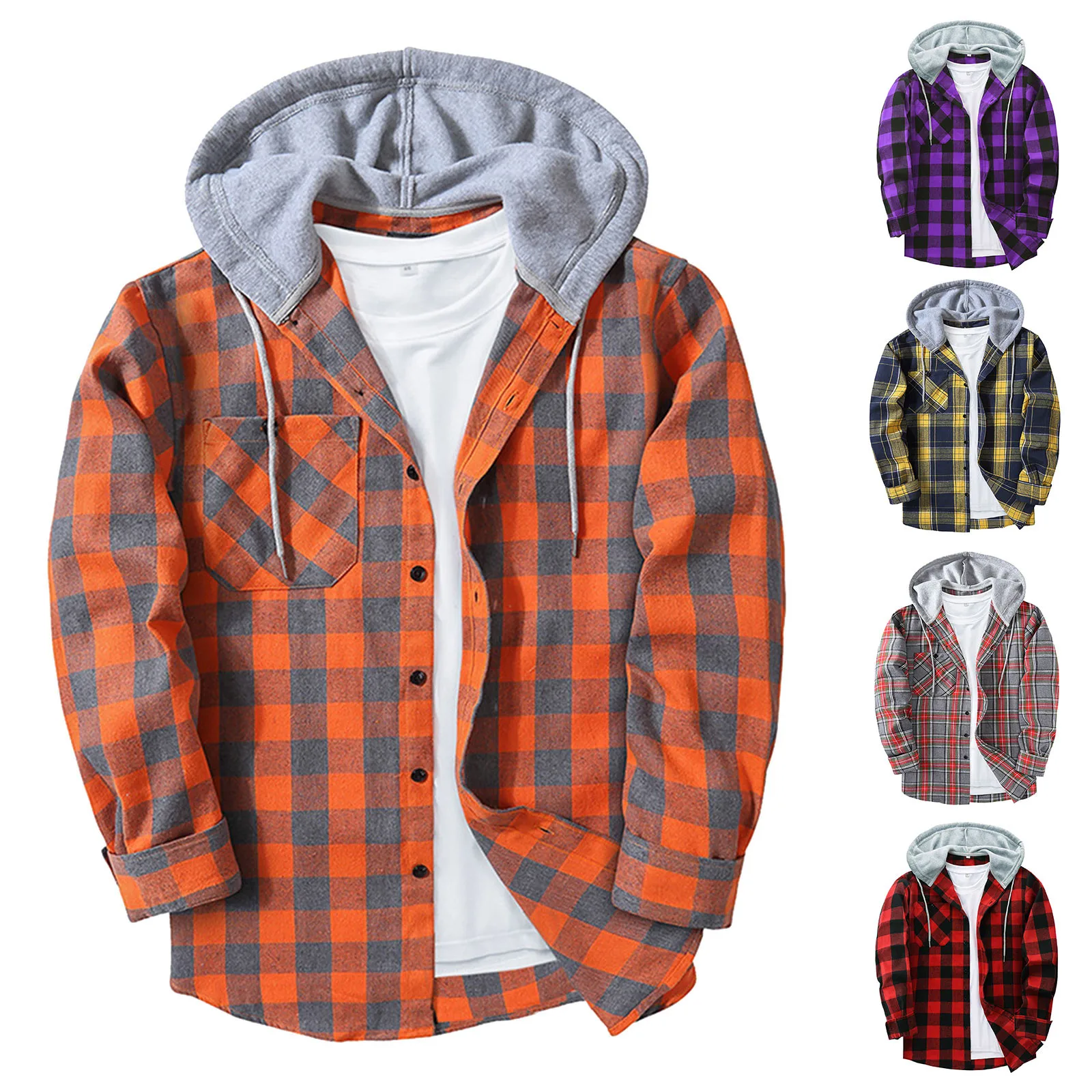 Men Casual Red Plaid Print Flannel Shirt Hooded Oversized Casual Shirt Men\'S Clothes European American Style Handsome Holiday