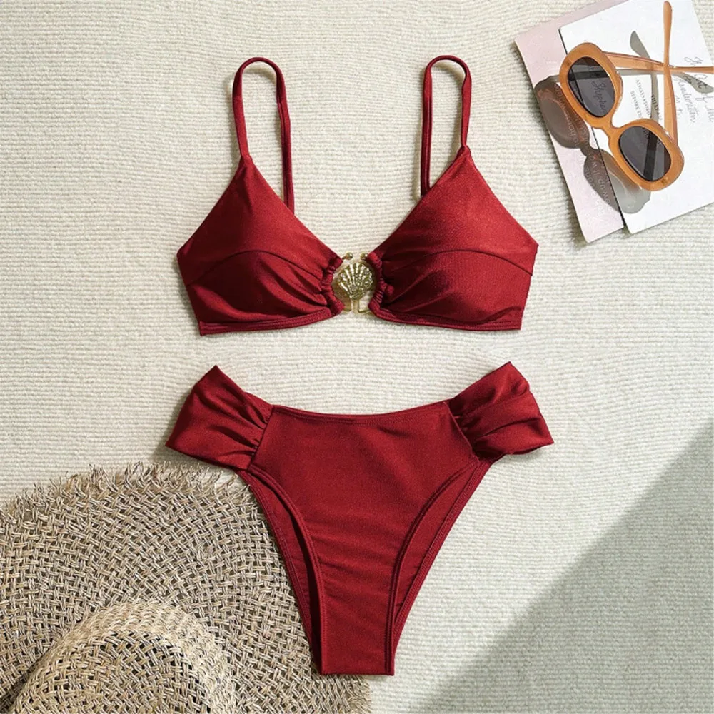 Metal Shell Ring Swimwear Sexy Wine Red Bikinis Sets Swimsuit Women 2026 Ruched Bathing Suit Swimming Wear Bikinis De Mujer