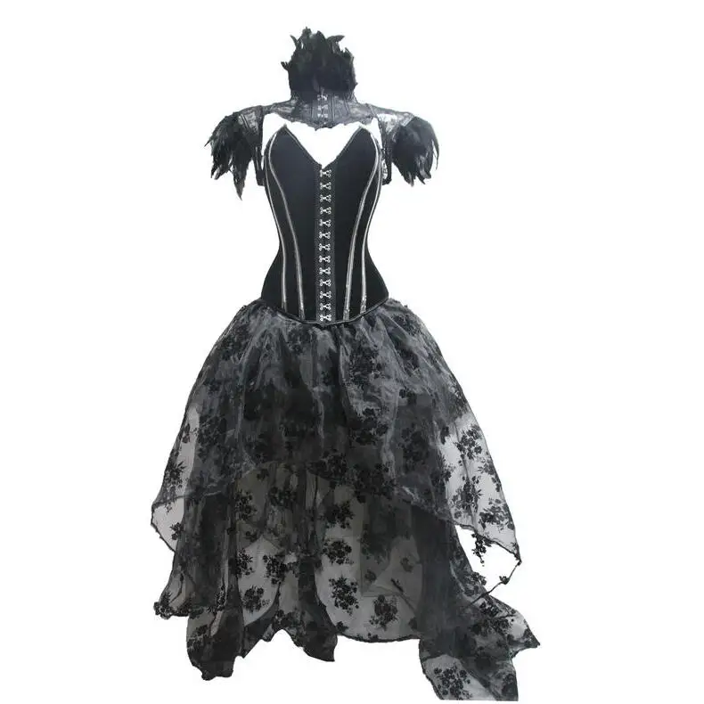 Ensemble moulant en velours Bla, jupe gothique longueur au sol, Punk k scène ow, col en plumes, Costume d'élégance pour femmes