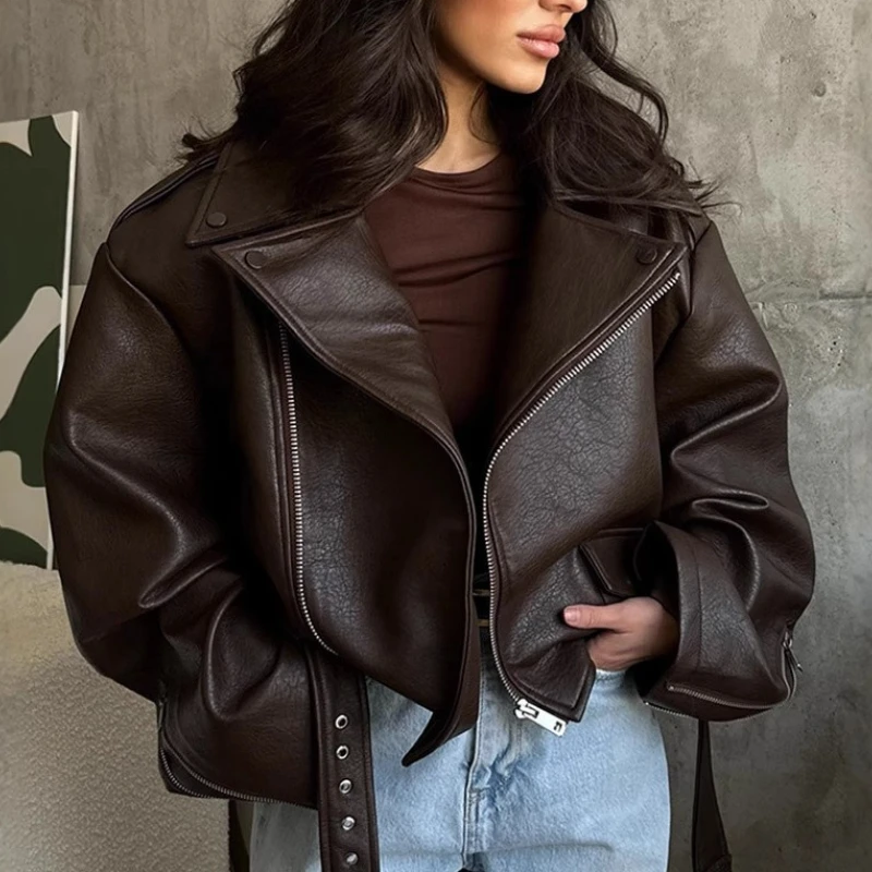 

2025 New Vintage Brown Leather Jacket Women Short Lapel Tie Belt Fashion Outerwear