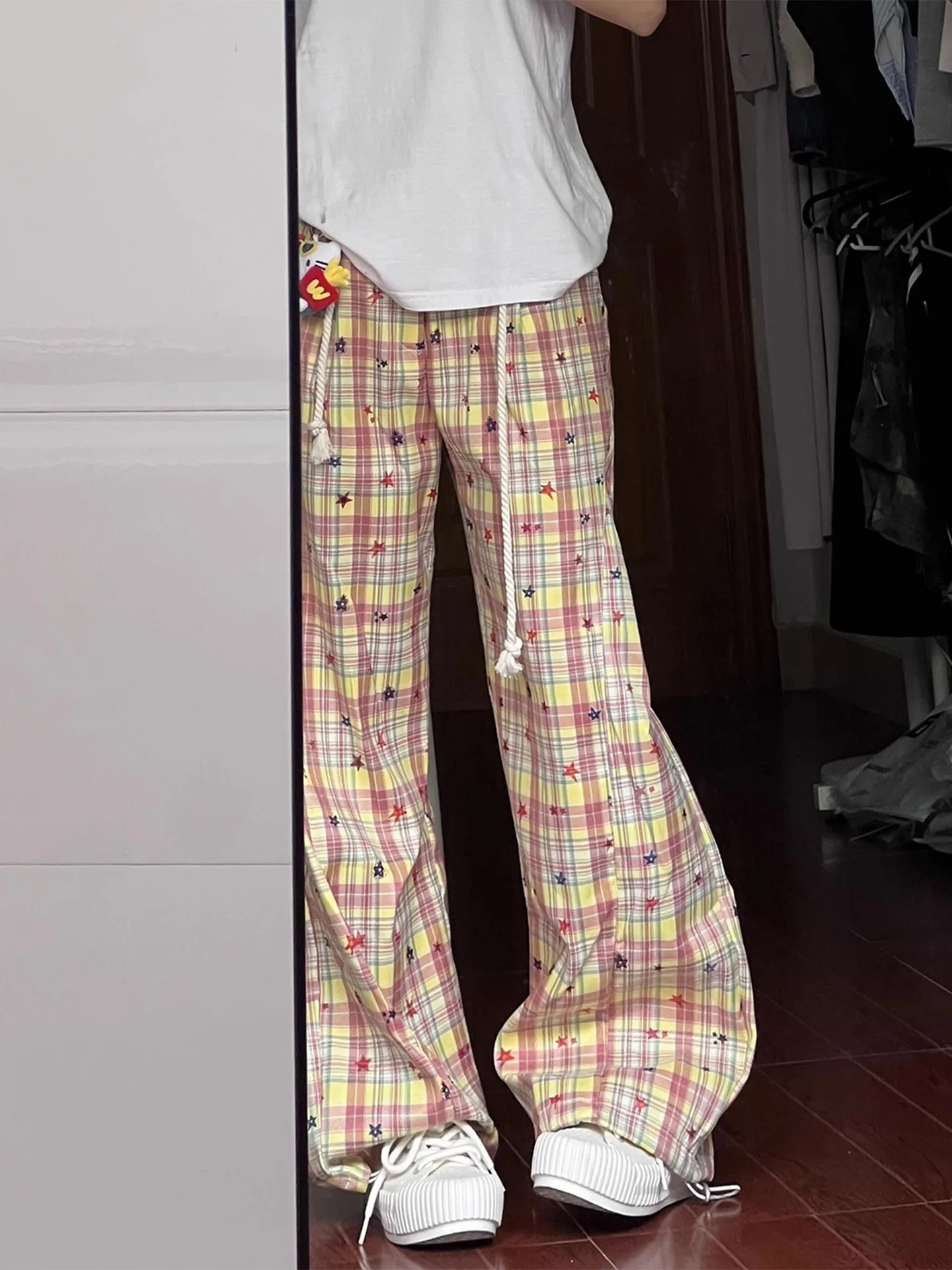 ドーパミン市松カジュアルパンツ女性夏怠惰な緩い気分ベンドナイフパンツルーズストレートワイドレッグパンツ