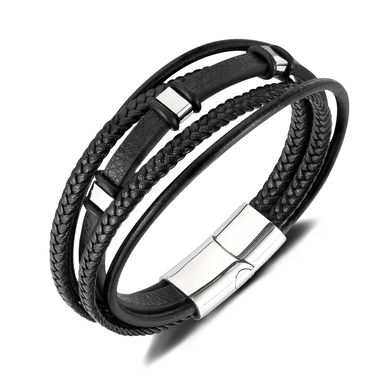 

Men’s Multi-Layer Braided Leather Bracelet – Minimalist Stainless & Titanium Steel Wristband, Casual Versatile Style