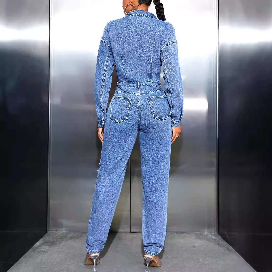 Women Jumpsuit Fall Winter Streetwear Casual Long Sleeved Slim Ripped Denim Jumpsuit Fashion High Waist Straight Jeans Jumpsuit