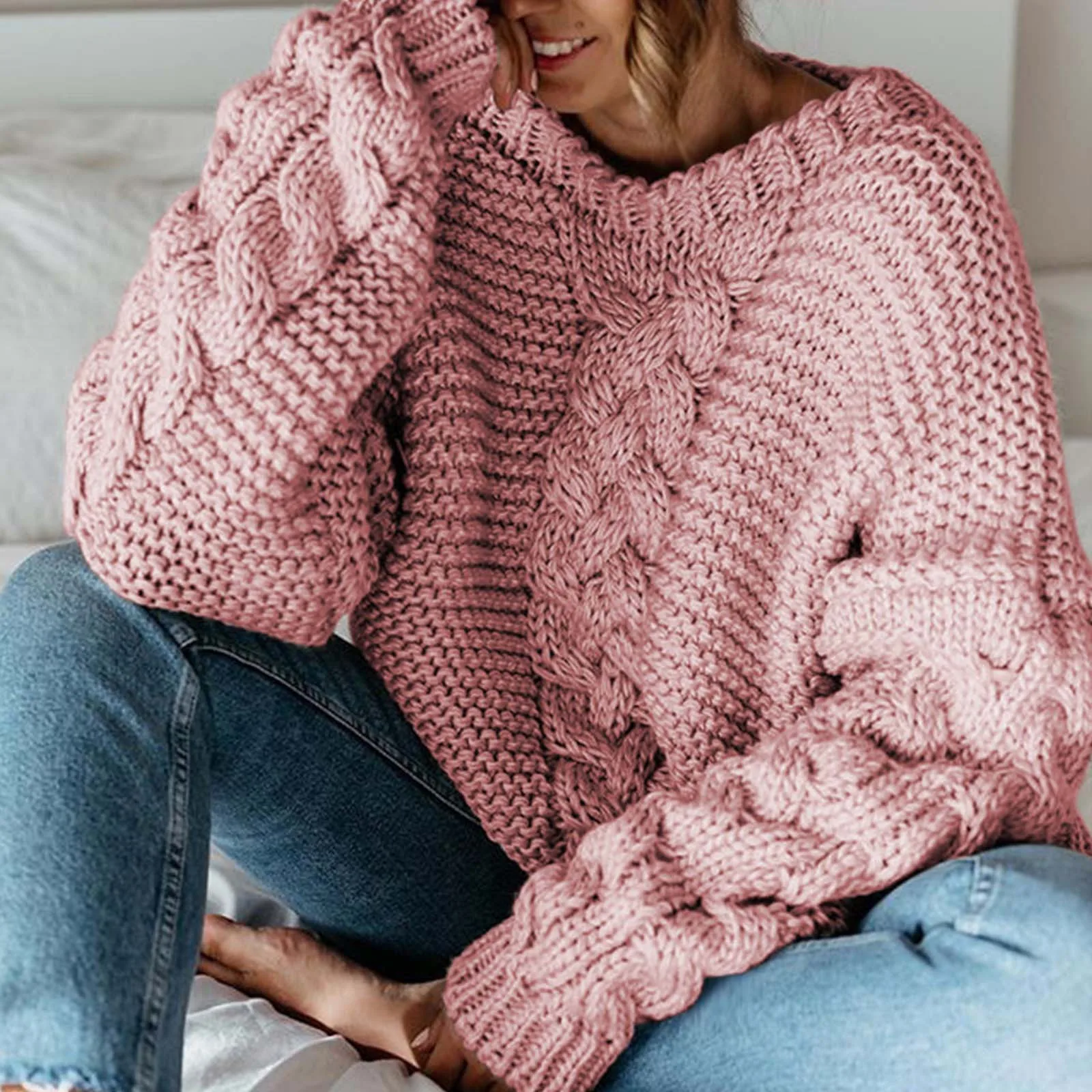 Autumn/winter Solid Color Pullover V Neck Oversized Pullover Sweaters for Women Women's Pullover Sweaters Chunky Sweater Women