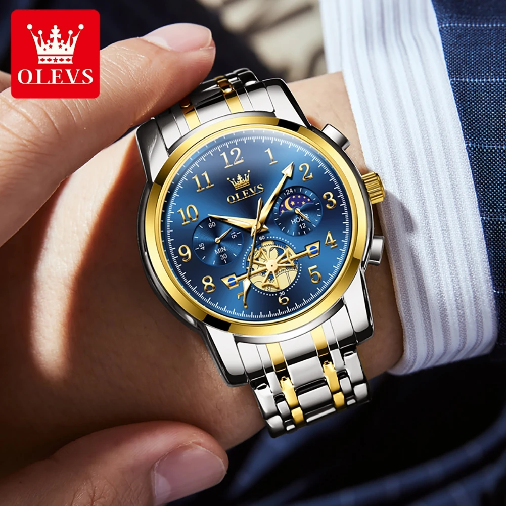 OLEVS Brand Moon Phase Men Watches Stainless Steel Waterpoof Luminous Fashion Skeleton Chronograph Quartz Wristwatch for Men NEW