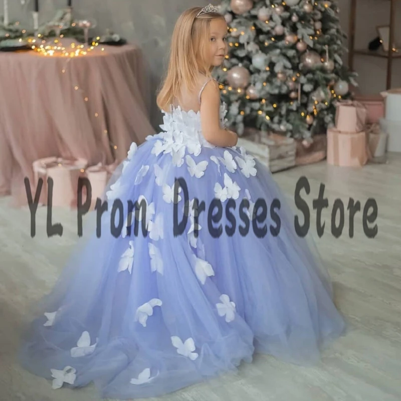 YL 2022 New 3D Butterflies Appliques Flower Girl Dresses Illusion Scoop Neck A-Line Pageant Gown Sweep Train Childen Party Gown