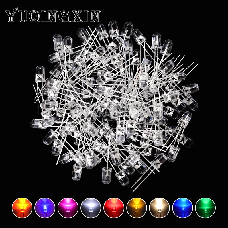 100pcs 5MM LED Diode F5 Assorted Kit White Green Red Blue Yellow Orange Pink Purple Warm White DIY Light Emitting Diode