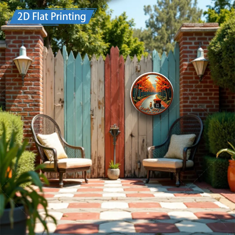 1pc 8x8inch Metal Sign "Autumn Maple Lane 2D Flat Printing Wall Art Decor"