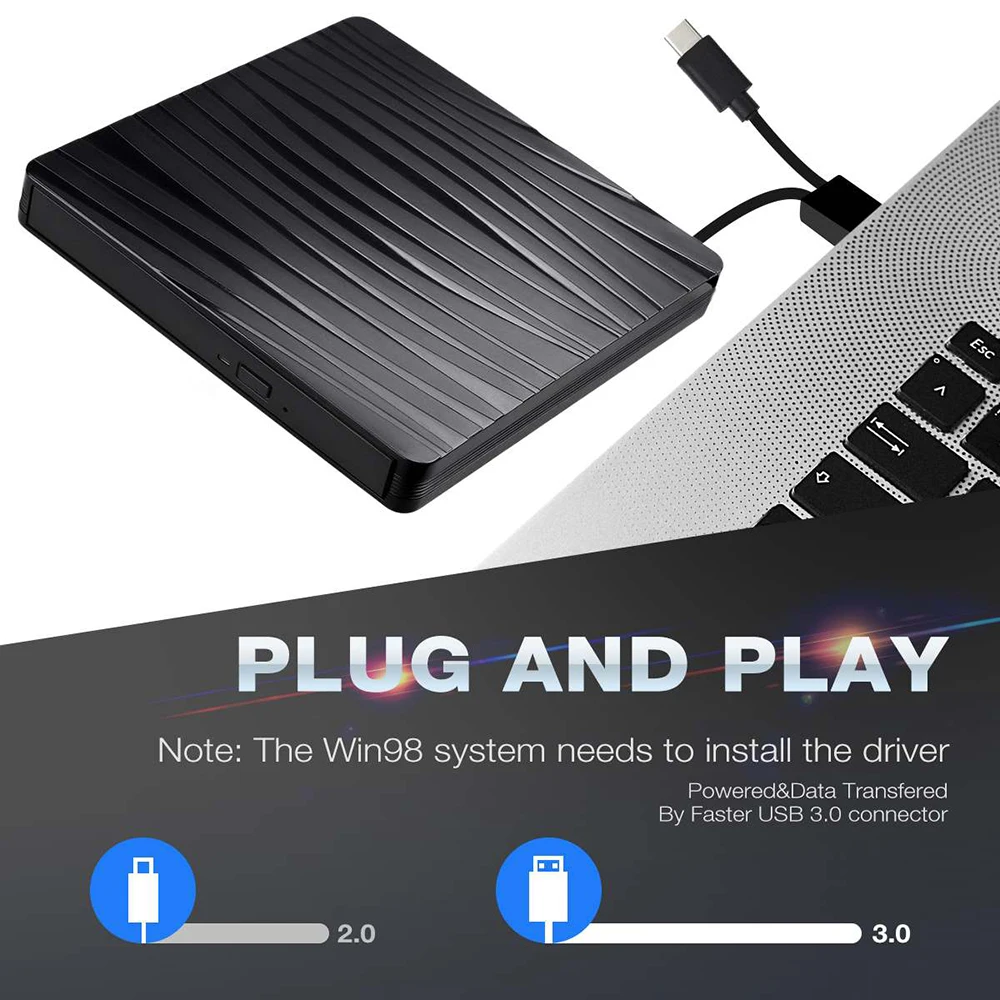 USB 3.0 Type C Portable DVD CD+/-RW External Burner Optical Drive ROM Disk Reader For Laptop PC Desktop MacBook iMac Windows11