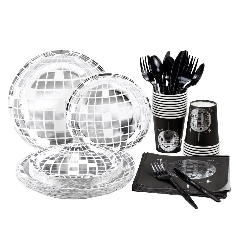 

Disco Silver Ball Disposable Tableware Paper Plate Dish Cup Napkin Wedding Birthday Disco Theme Party Supplies Atmosphere Decor