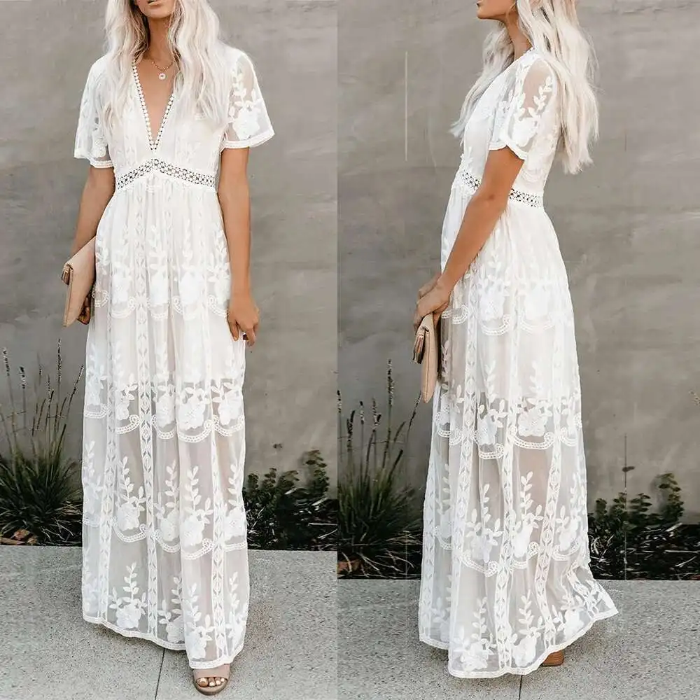 Boho maxi bordado solto feminino, renda branca, túnica longa, vestido de praia, roupas de férias, férias, verão, senhora feminina