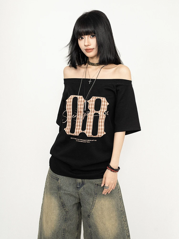 

OCTTFLAB Американская ретро-футболка на одно плечо для женщин, свободного кроя, в стиле Hot Girl, летняя, из смесового хлопка