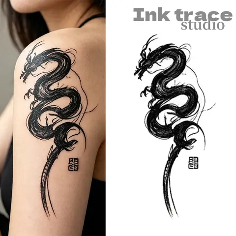 Semi‑Permanent Chinese Ink Dragon Tattoo Sticker With Seal Stamp Long Lasting Waterproof Fake Body Art Tattoo For Shoulder Arm