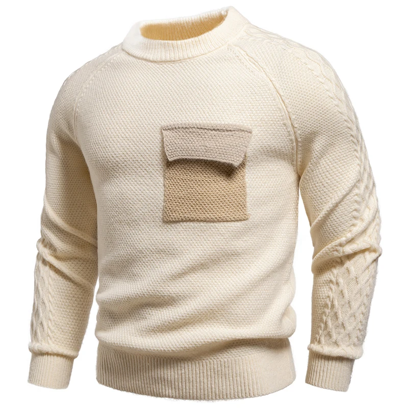 

New Autumn Winter Men's Round Neck Knit Pullovers Thick Warm Patchwork Pockets Casual Knitted Sweater Men Daily Fashion Knitwear