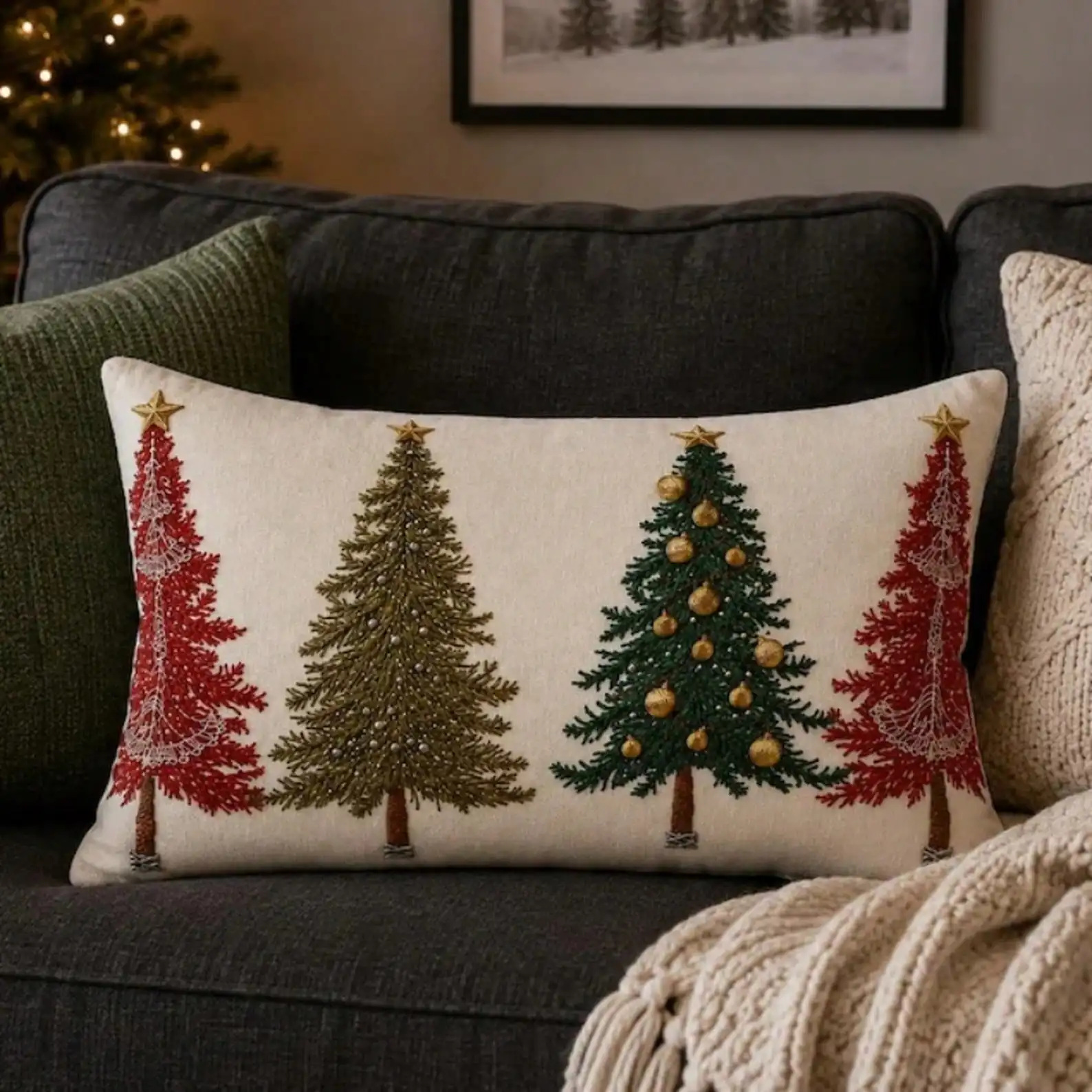 Christmas Tree Lumbar Pillow Cover, Traditional Holiday Faux Embroidery Throw Pillowcase, Farmhouse Christmas Decorative Cushion Case, Rustic Winter Accent Pillow Cover For Sofa Couch Bed Bench, Christmas Home Decor For Living Room Bedroom