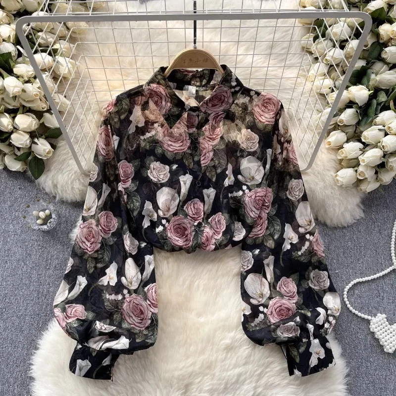 OCEANLOVE Floral Romantic Women Shirts&blouses Lantern Sleeve Spring Autumn Retro Blusas Mujer Korean Fashion Sweet Camisas