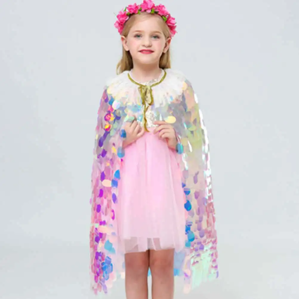 

Sequin Cloak Girls Rainbow Shimmer Cape Performance Clothes Birthday Party Cosplay Outfit Lovely Mantle Size L Comfortable Wear