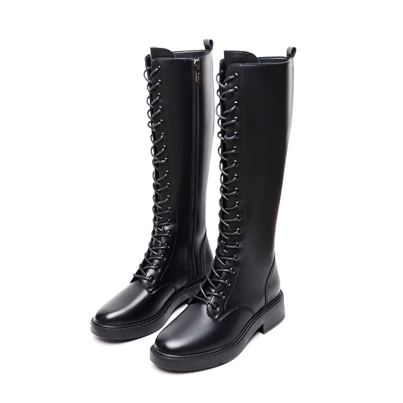 Winter Warm Leather Women Knee High Boots Fashion Riding Knight Boots Buckle Lace Up Military Combat Motorcycle Long Boots 34-40