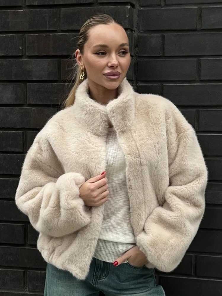 

FDYOUI Stand Collar Plush Outerwears Women's 2025 Autumn Winter Long Sleeve Zip-up Warm Coats Solid Color Fur Jackets Streetwear