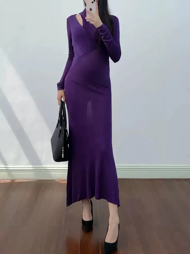 2025년 초가을 신상, 보라색 섹시 컷아웃 슬리밍 바디콘 롱 니트 드레스