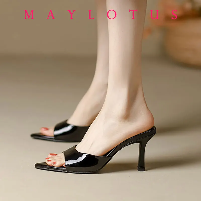 

2025 New Women's Slippers Summer Slim Heel Pointed Toe Worn with A Straight Drag Patent Leather High-heeled Slippers for Womens