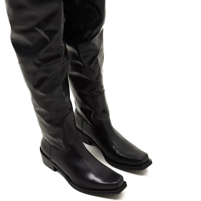Men's Upturned Toe Chunky Heels Over-The-Knee Boots 2026 Fashion Black Knight Boots for Men Casual Streetwear Long Boots