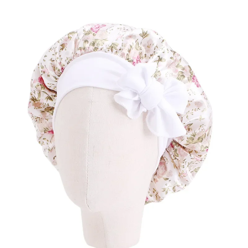 Cute Printed Baby Satin Round Cap Elastic Strap Home Cap Children's Nightcap