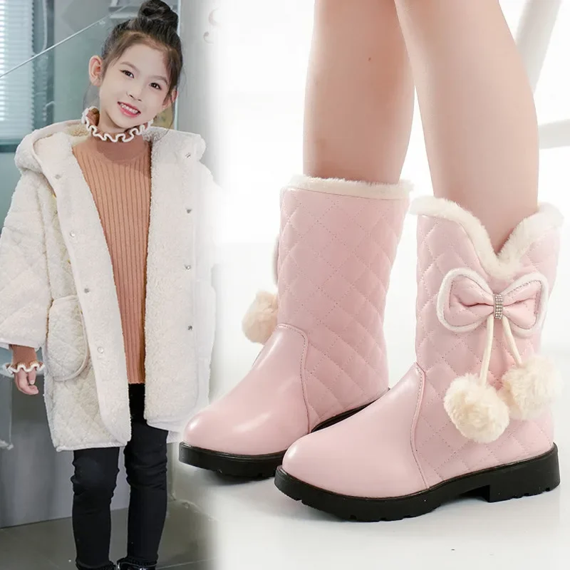 Conforto menina bota inverno novo estilo crianças bota de neve médio grande crianças antiderrapante princesa sapato de couro moda entressola bota