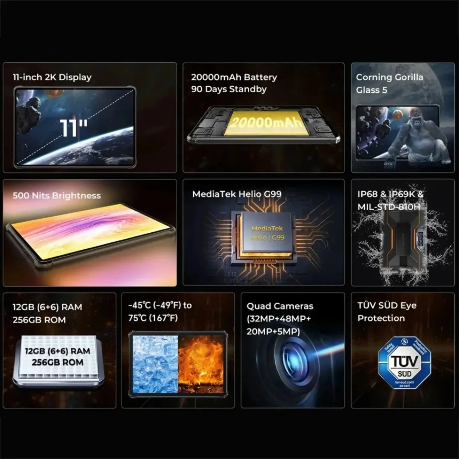 Tablets Rugged Oukitel RT8 com Bateria de 20000mAh, Tela de 11 Polegadas FHD+, 6GB+256GB, Helio G99, Tablet Inteligente com Câmera de 48MP, PC Tablet 33W Android 13 NFC