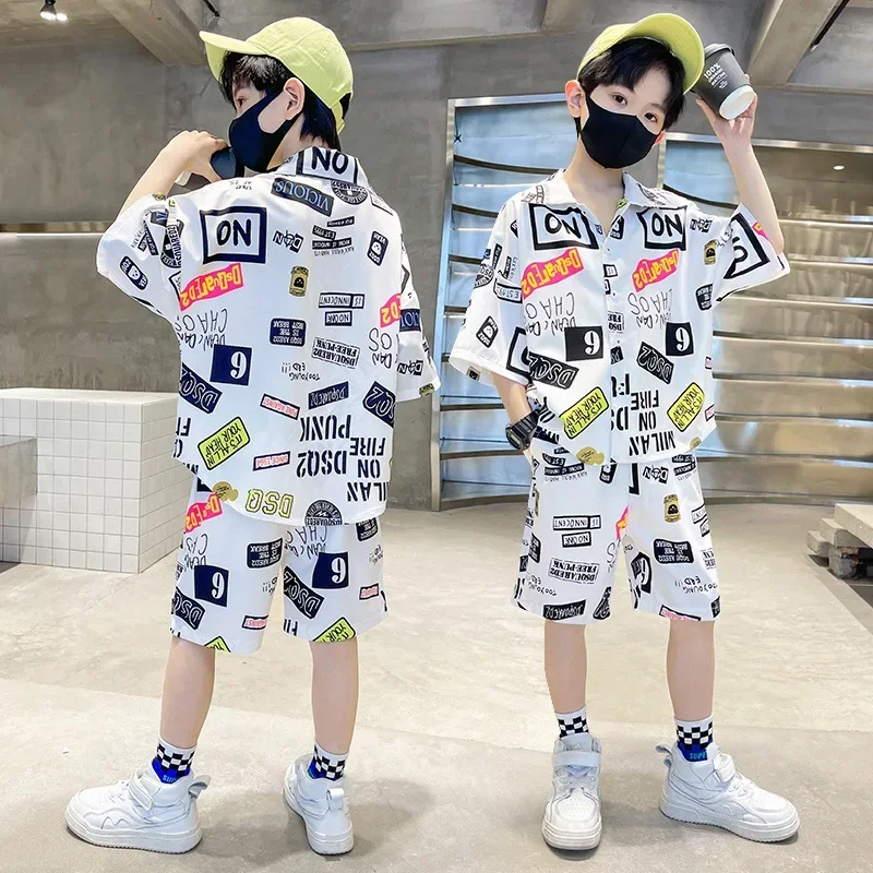 Summer Teenage Boy Clothes Set Children Fashion Single Breasted Short Sleeve Shirt Top and Shorts Bottom 2pcs Suit Beach Wear