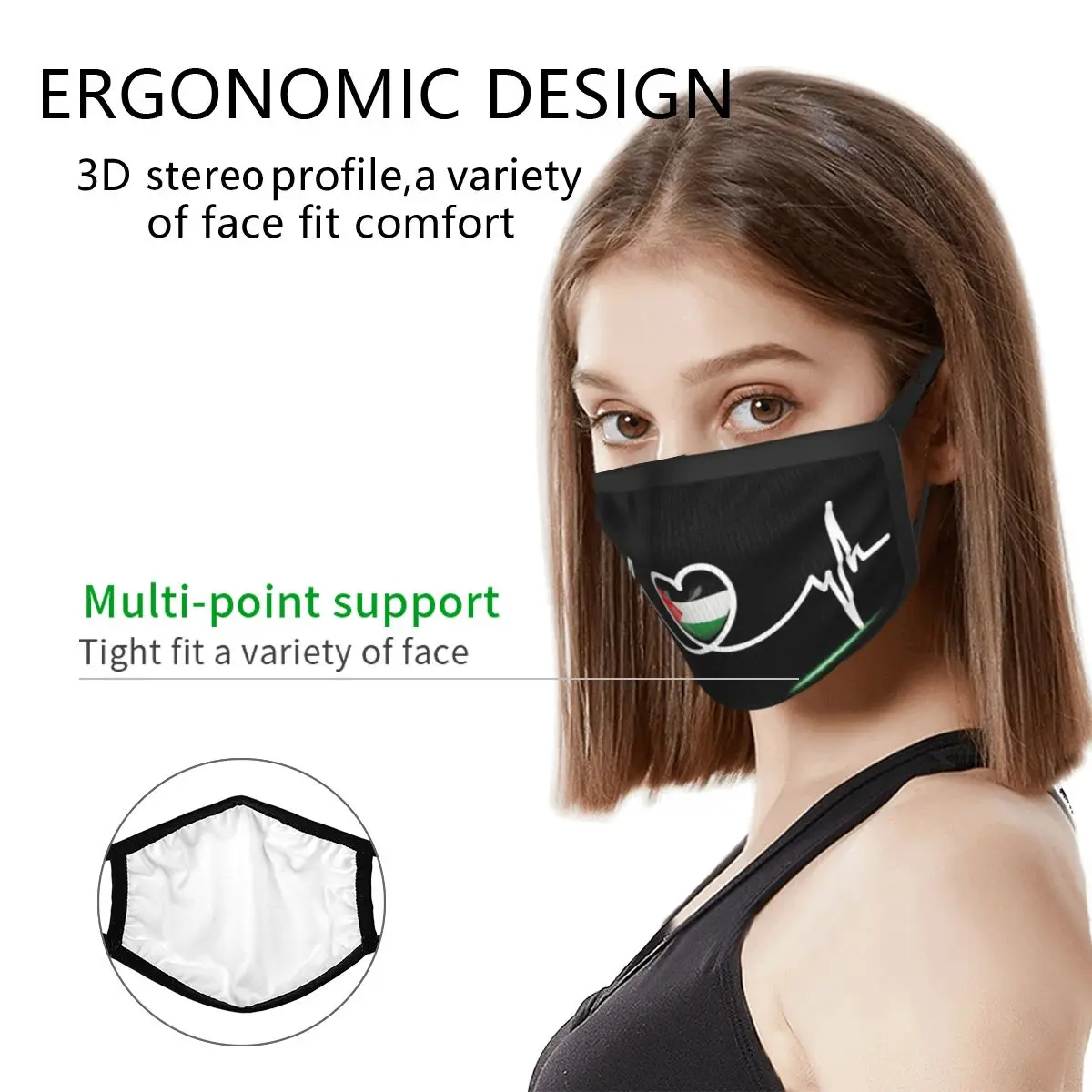Heart Beat Palestine Palestinian Reusable Face Mask Anti Haze Dustproof Mask Protection Cover Respirator Mouth Muffle