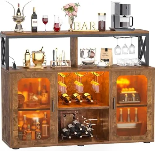 Liquor Cabinet with Led Lights and Glass Holder, Storage Buffet Cabinet Coffee Bar Cabinet for L