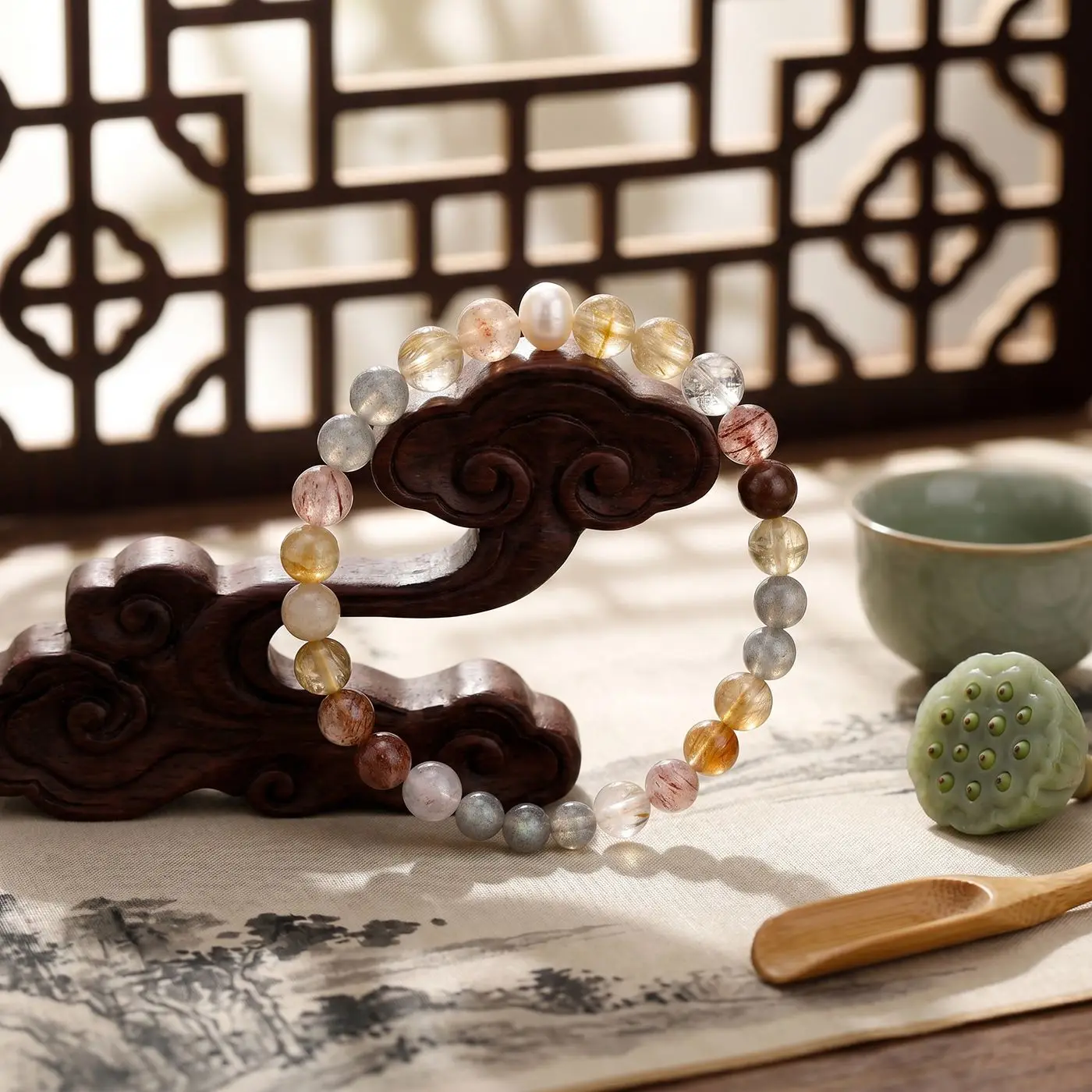 Natural Pearl Yellow Titanium Super Seven Gray Moonstone Chinese Style Beaded Bracelet Lucky Gifts
