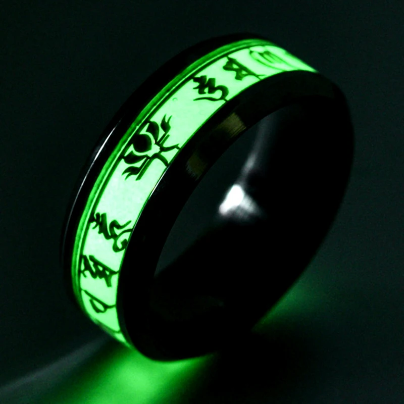 

Green Glow in The Dark Stainless Steel Buddhist Six-Character Mantra Wedding Band Luminous Ring Amulet Charm Jewelry